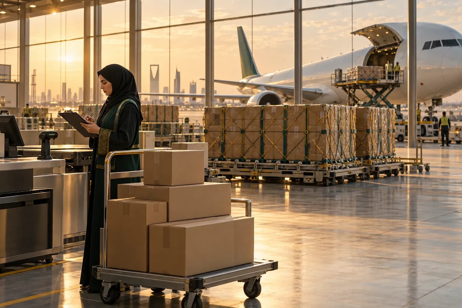 Express parcels on a trolley in front of large cartons on air cargo pallets inside a Riyadh cargo terminal