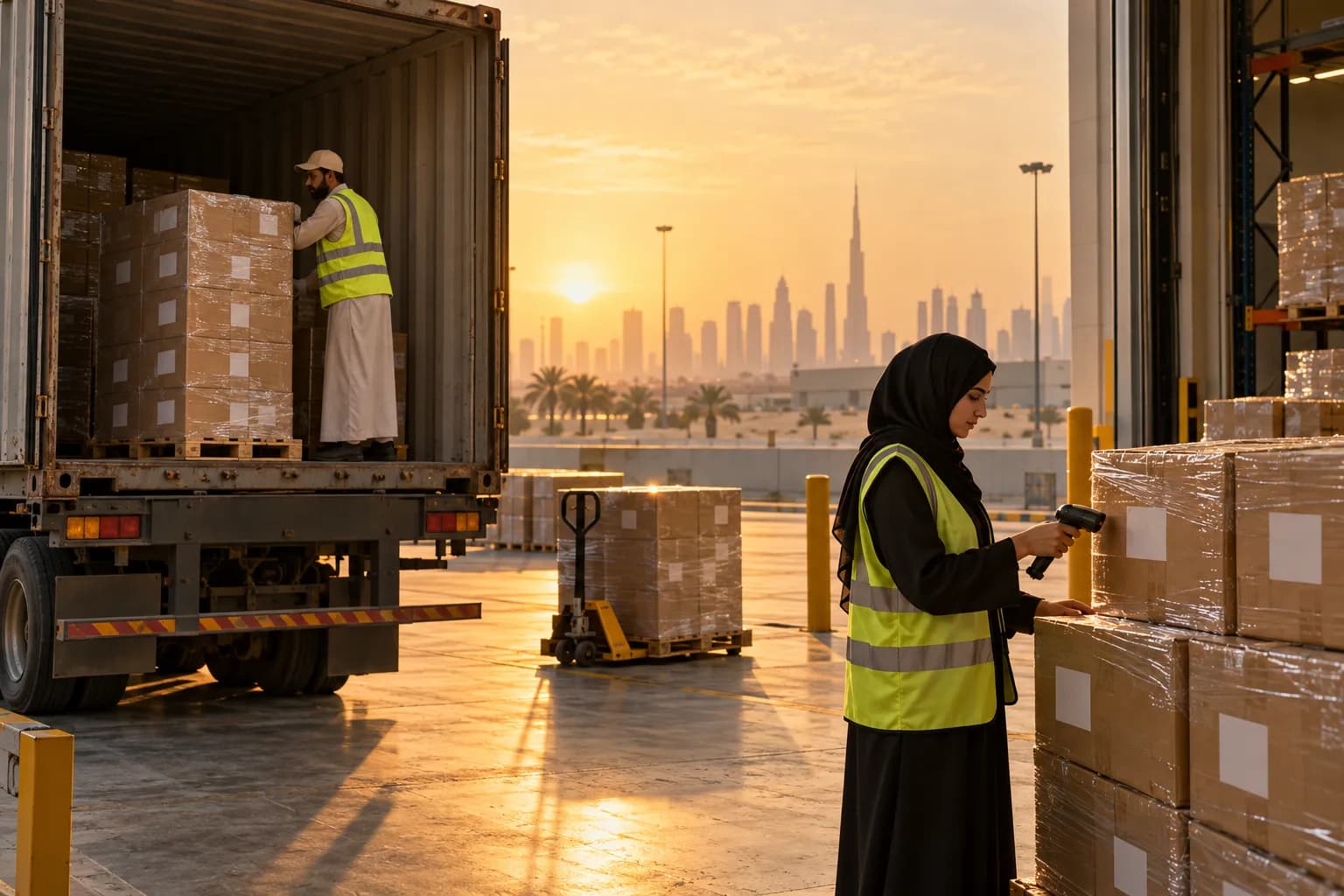 A truck unloading pallets of labelled cartons at a large fulfilment centre in Dubai South at golden hour, with a worker scanning boxes