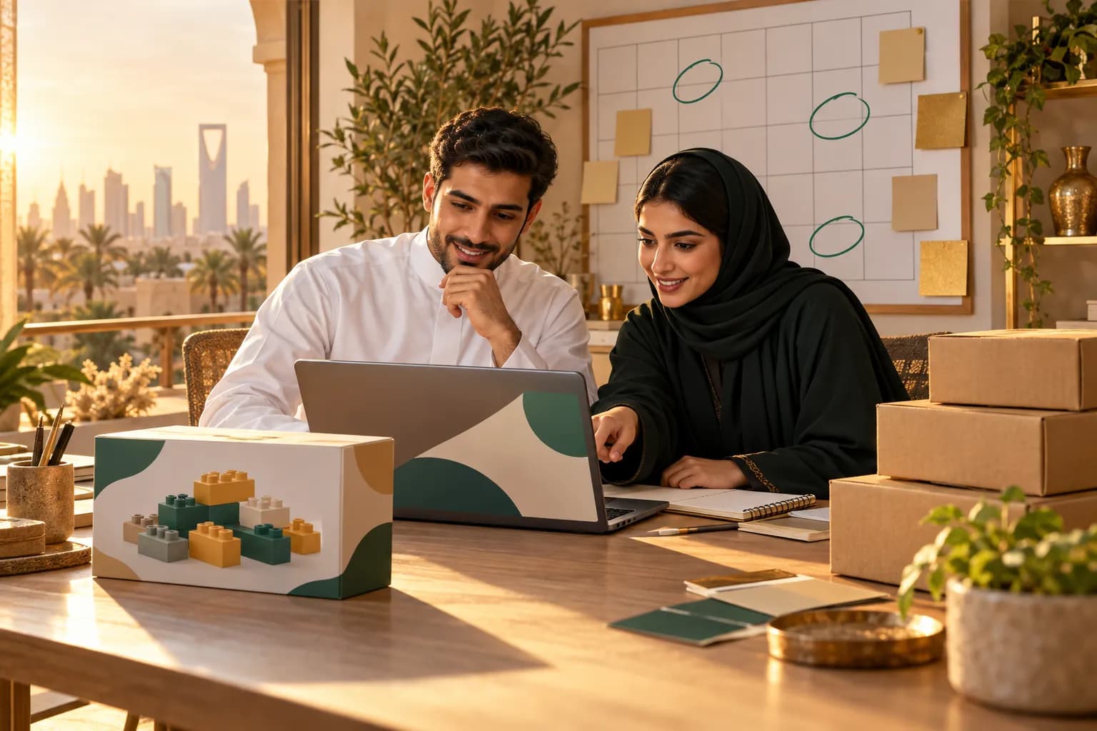 A young Saudi seller at a bright home studio table planning an online store launch on a laptop, with a toy building-block box, a wall calendar and a small stack of shipping cartons