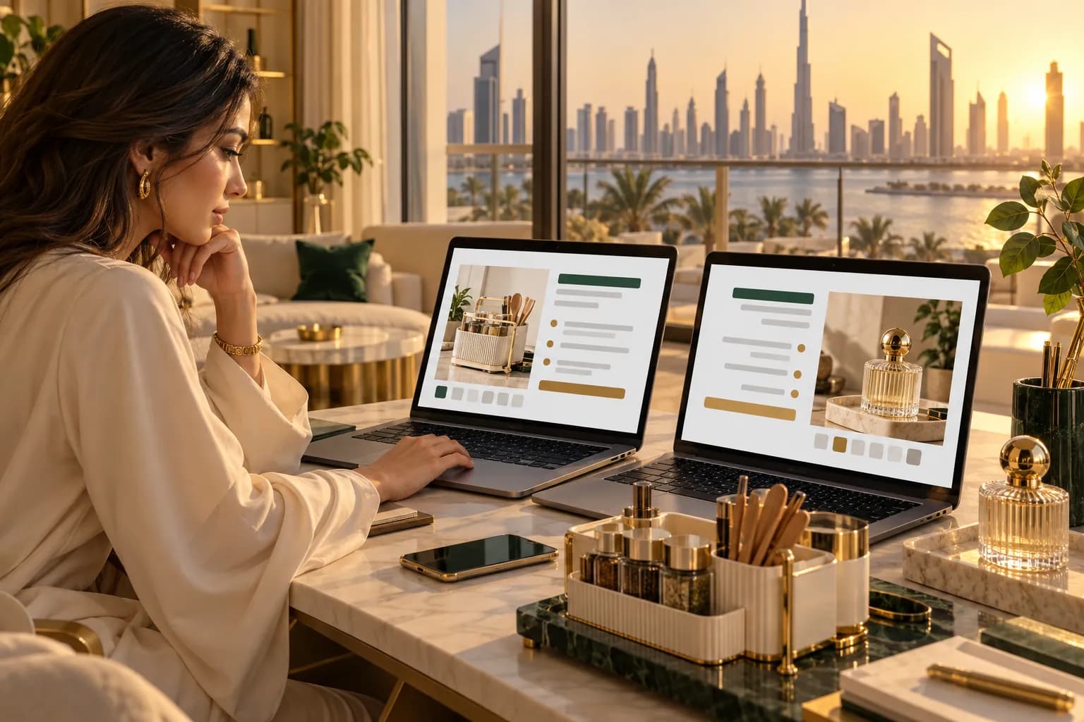 A seller in a bright Dubai apartment comparing an English and an Arabic product page on two screens, with product samples on the desk