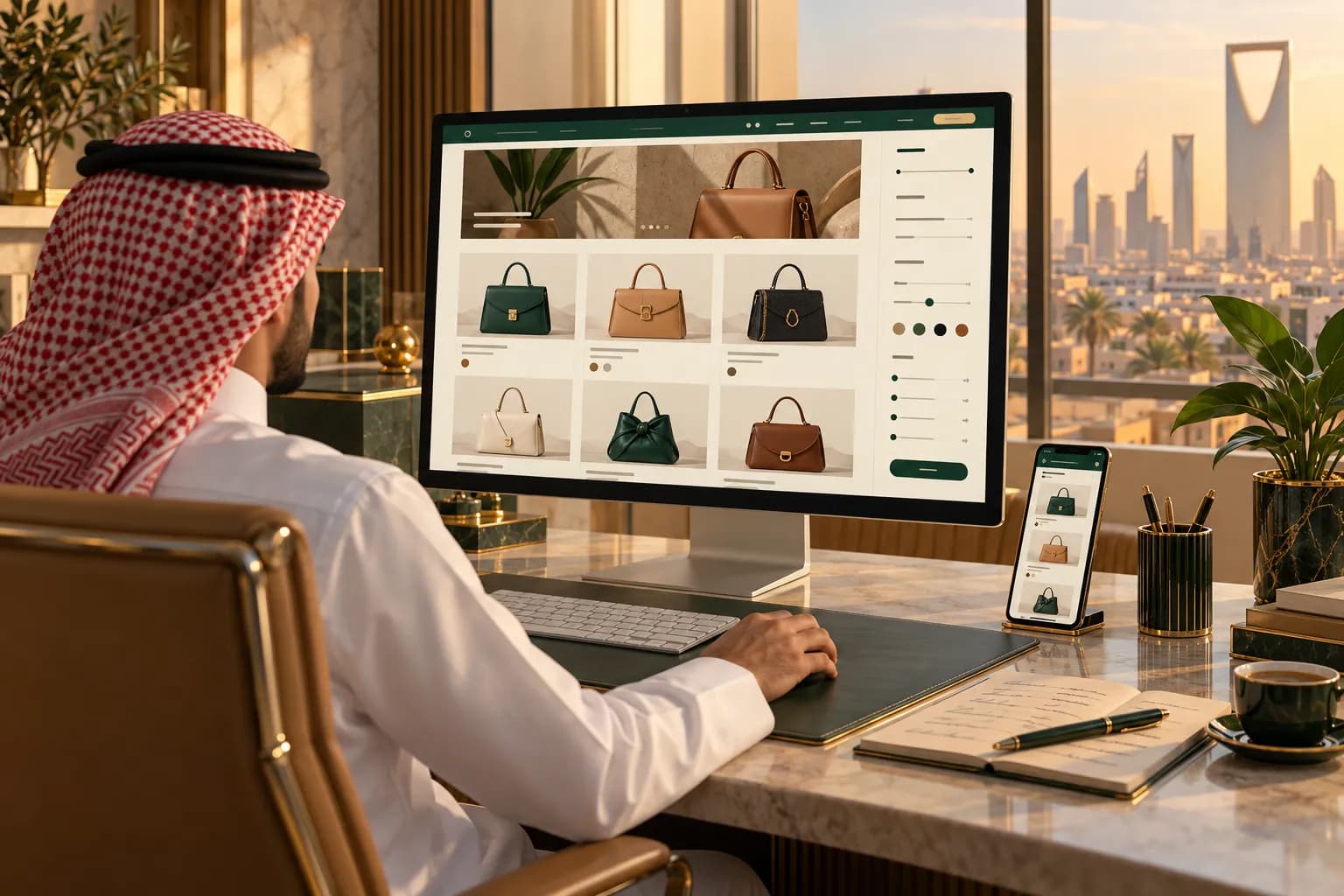 A Gulf store manager reviewing an Arabic category page of handbags on a large monitor, with a phone showing the same page beside the keyboard