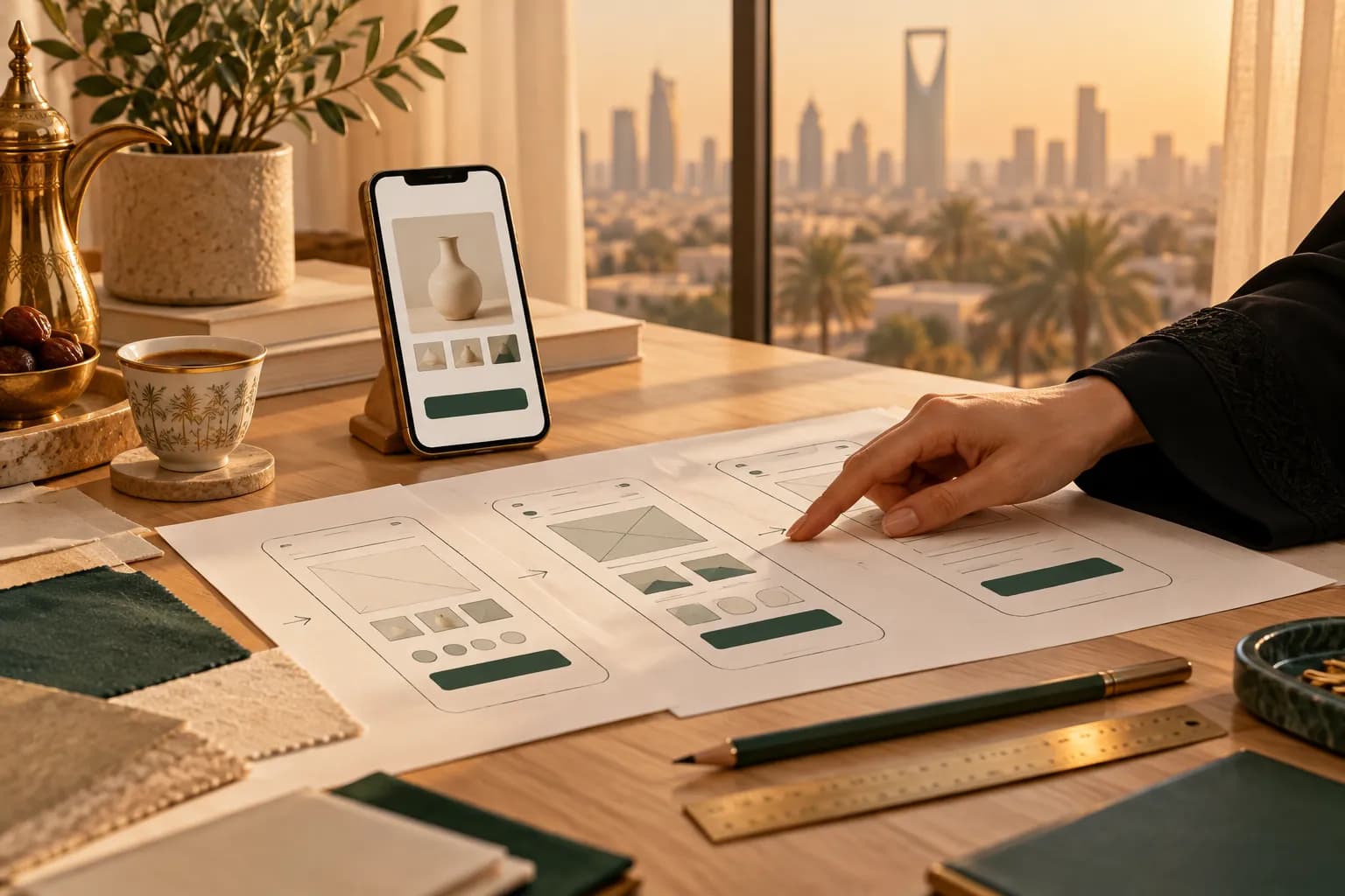A designer's desk in a Riyadh studio with hand-drawn right-to-left mobile store wireframes next to a phone showing an Arabic product page