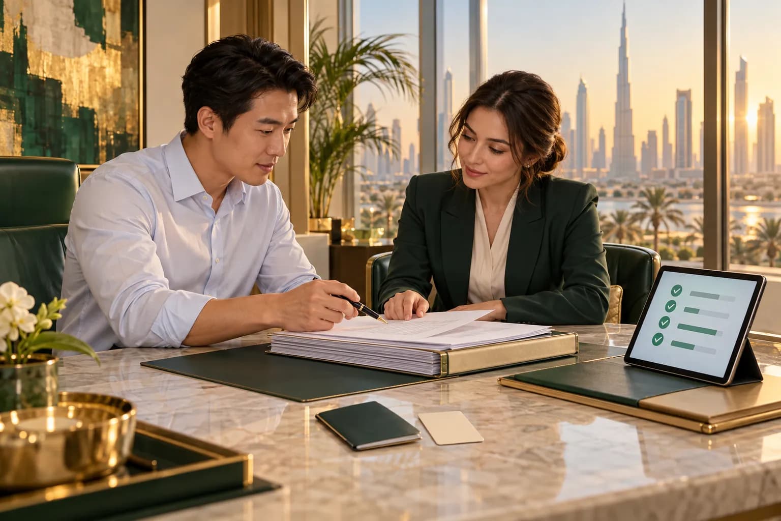 A Chinese founder and a bank relationship manager reviewing company documents in a bright Dubai office
