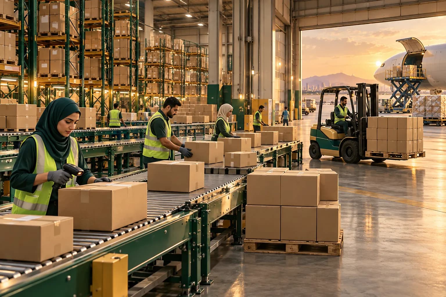 Workers scanning and stacking parcels on pallets in a large South China cross-border ecommerce consolidation warehouse