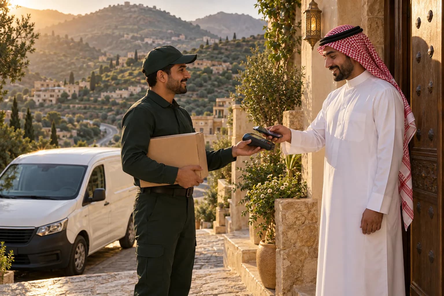 A courier holding out a card terminal to a Saudi shopper who pays by phone at his front door in Abha