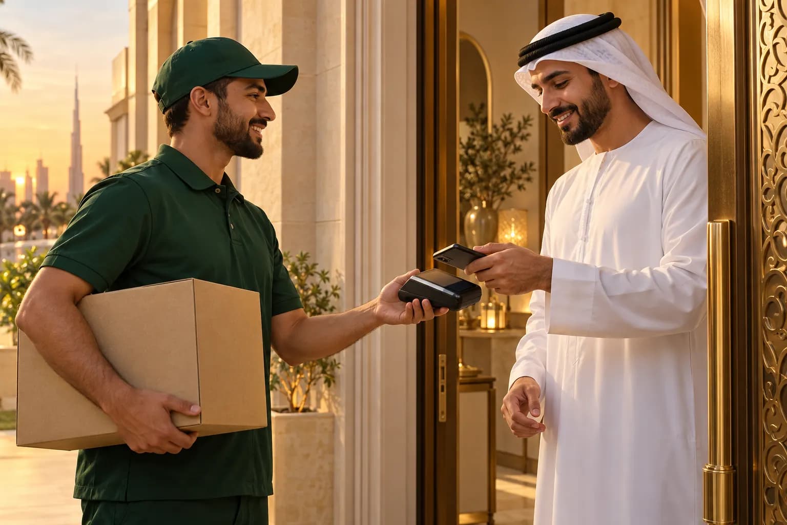 A courier holding a card payment terminal at an apartment door while a smiling Emirati man in a white kandura taps his phone to pay