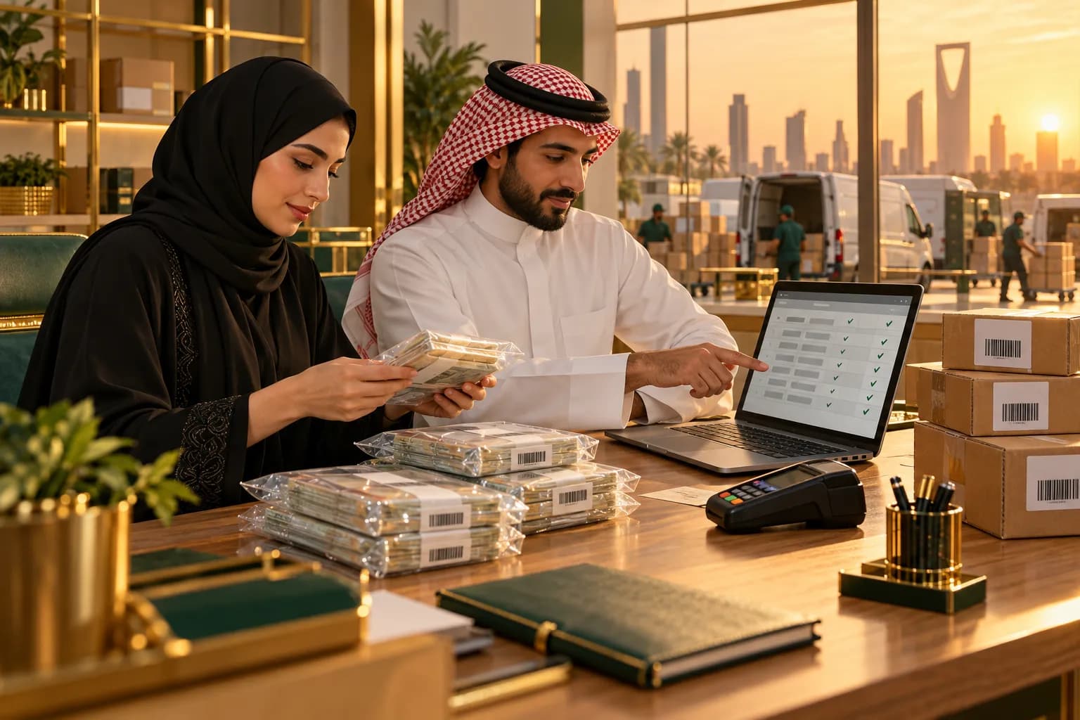 Two depot staff in a Riyadh courier office matching sealed cash pouches against a reconciliation spreadsheet on a laptop