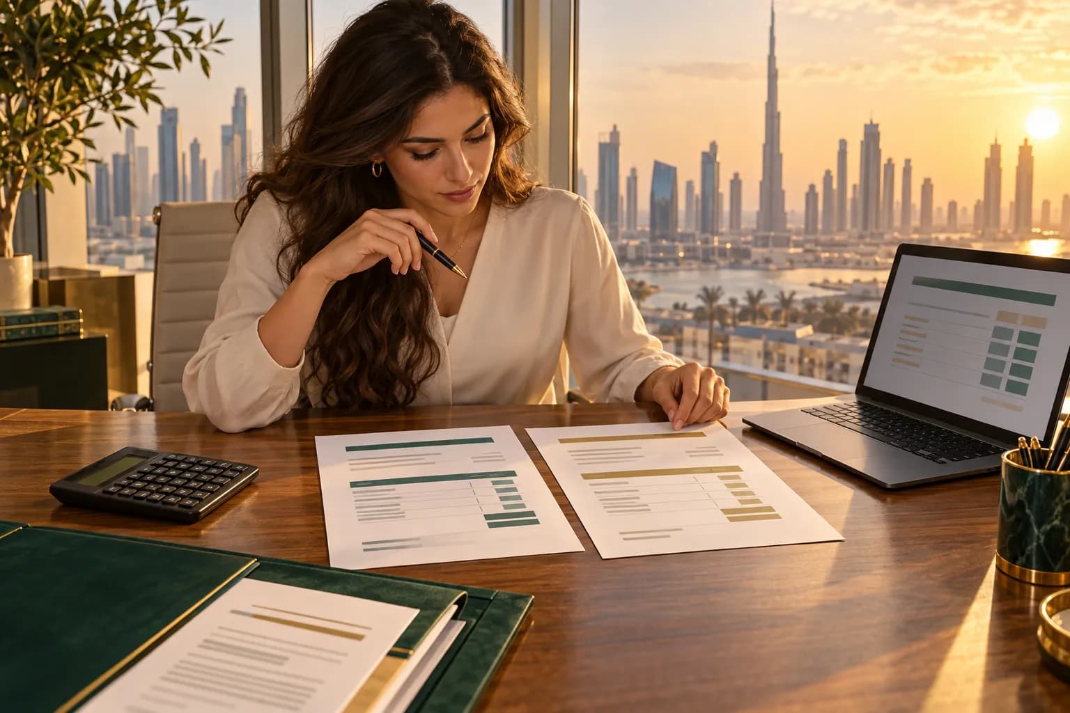 A founder comparing two printed business setup quotes side by side at a desk in a Dubai office