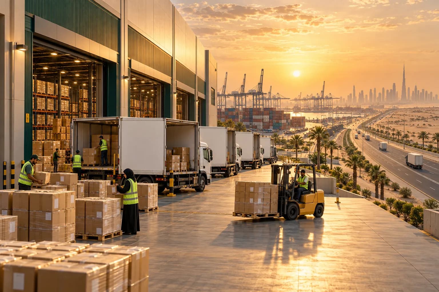 Delivery trucks loading parcels at a large Dubai free-zone warehouse at golden hour, ready to drive to neighbouring Gulf countries
