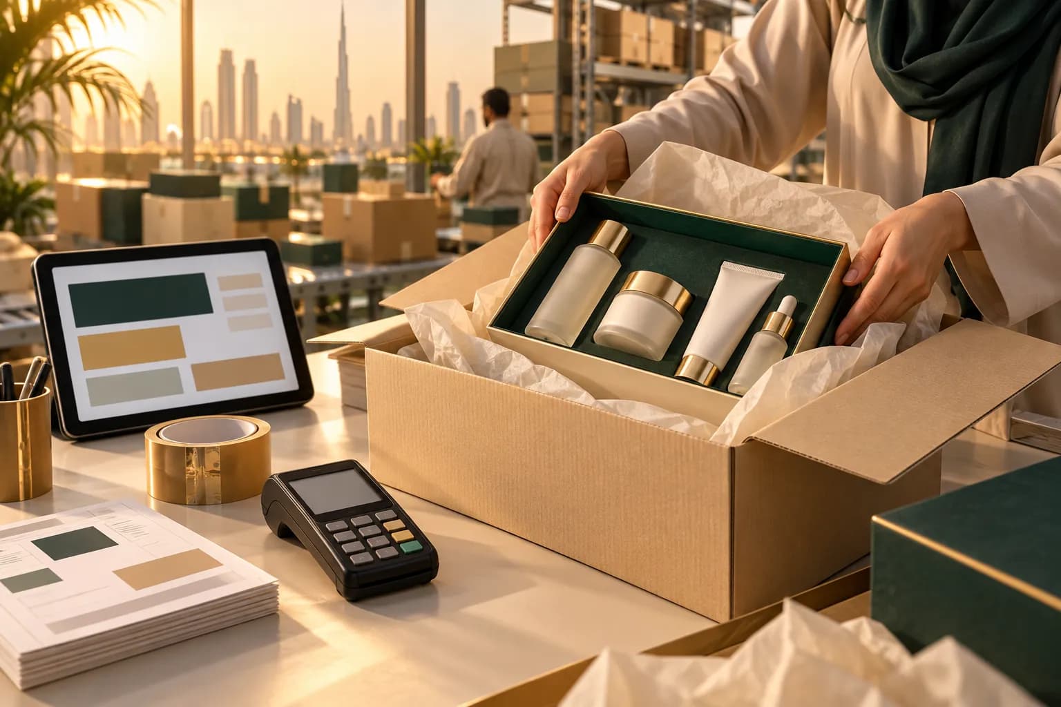 A skincare gift box being packed into a courier parcel at a Dubai fulfilment centre, next to a tablet showing an abstract cost breakdown