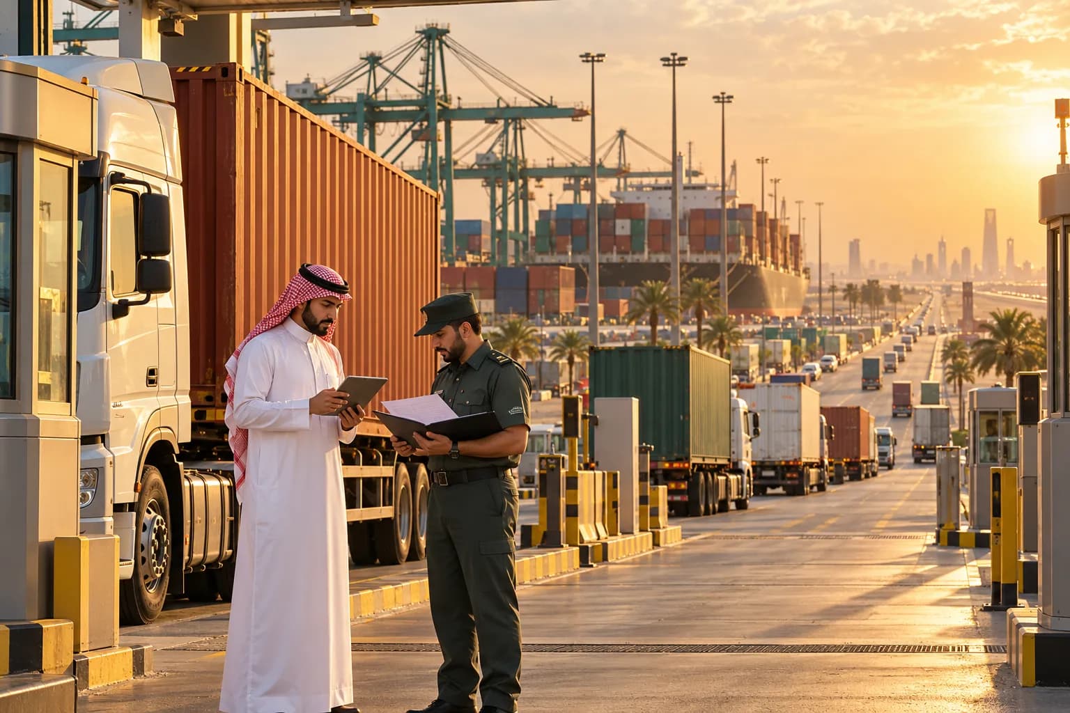 Saudi customs broker checking a declaration on a tablet beside a container truck at the gate of King Abdulaziz Port in Dammam