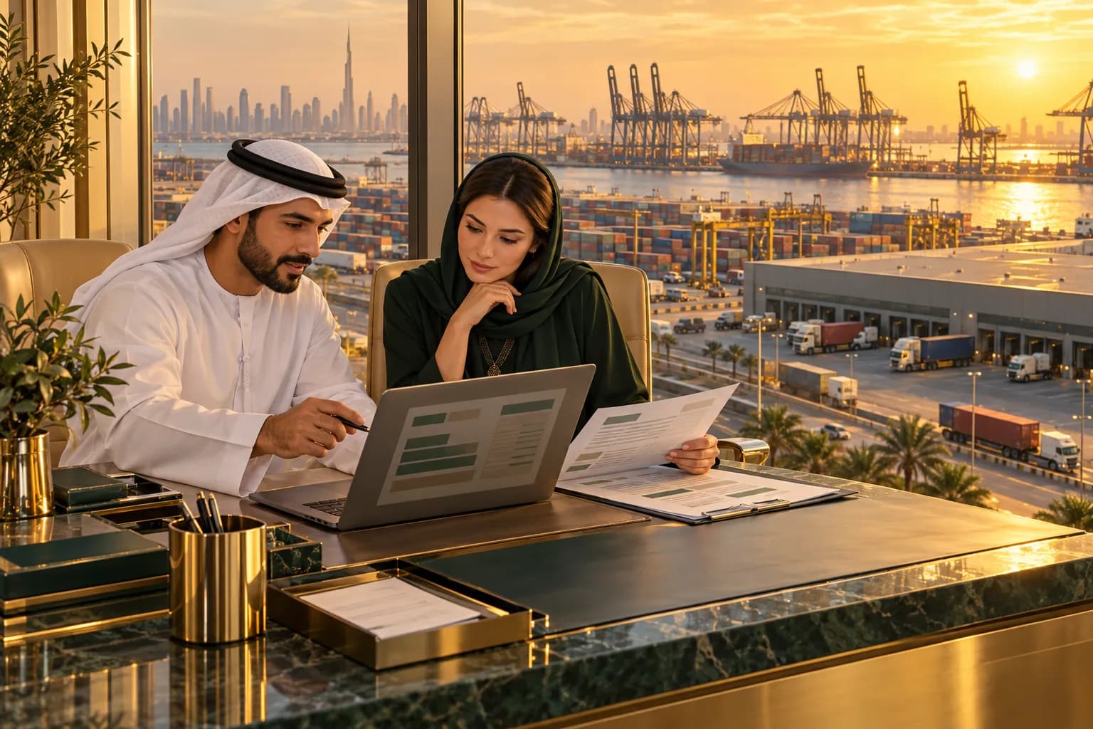 Emirati clearing agent and an importer reviewing a customs declaration on a laptop in an office overlooking container stacks and cranes at a Dubai port