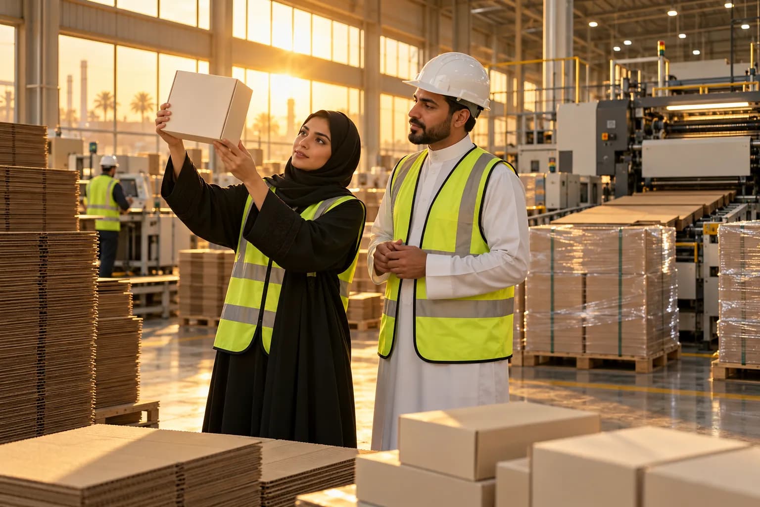 A Saudi quality inspector in an abaya and safety vest holding up a printed mailer box sample in a Dammam carton factory, with stacks of corrugated sheets and a printing machine behind her