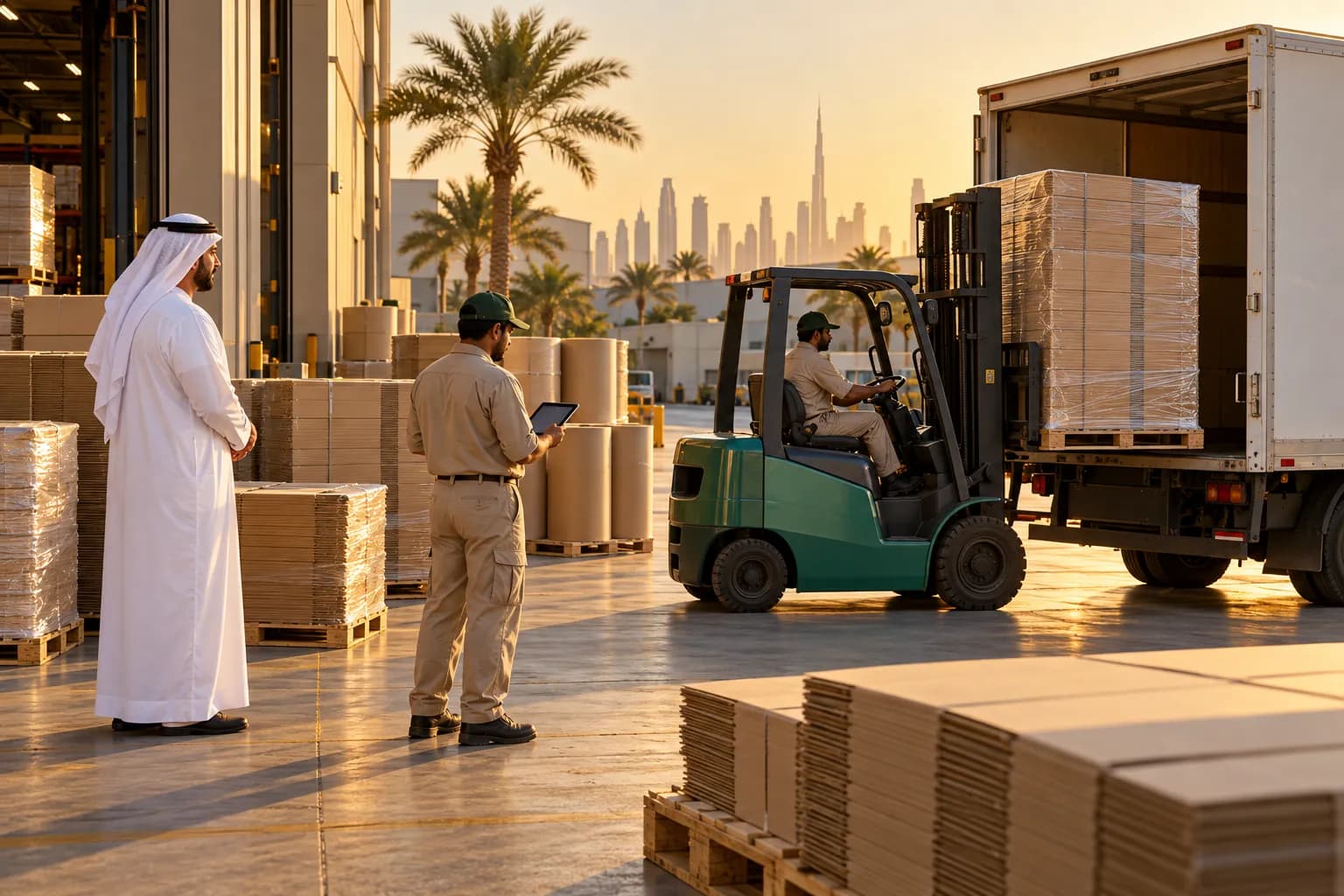 A forklift loading a shrink-wrapped pallet of flat-packed mailer boxes into a white truck at a Dubai packaging plant, while a worker checks a delivery note on a tablet