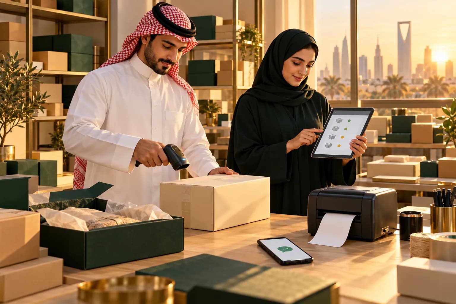 A Saudi team in a small Riyadh fulfilment room scanning a parcel while checking orders on a tablet