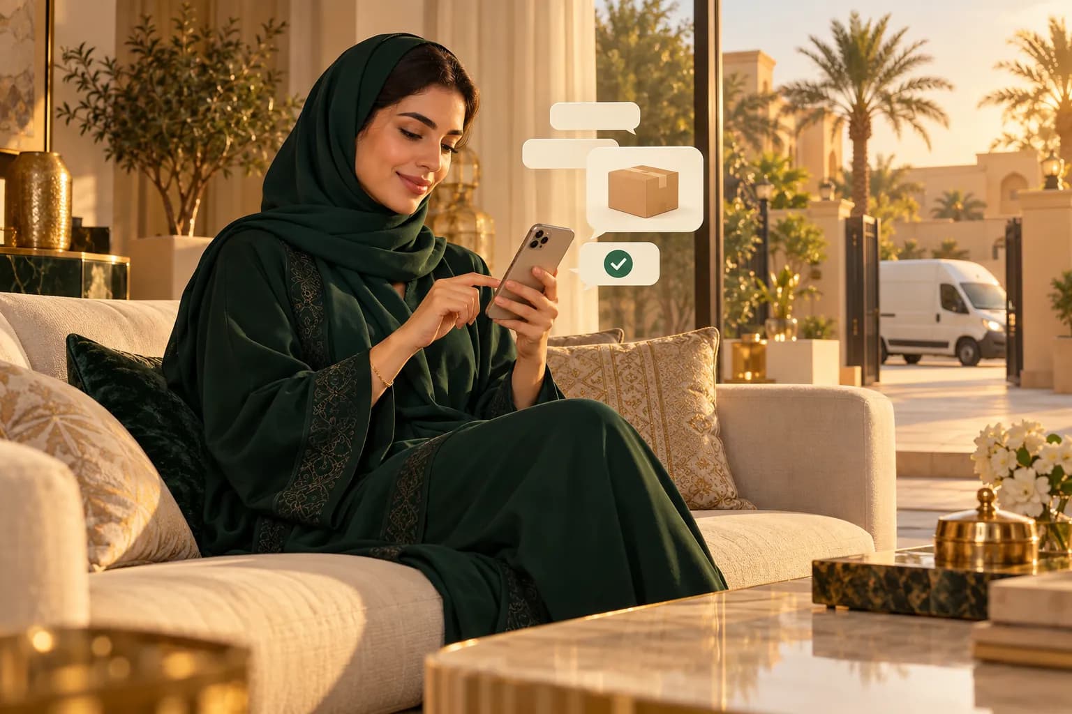 A young Saudi woman in a Riyadh living room confirming a cash-on-delivery order in a chat on her phone as a courier van pulls up outside