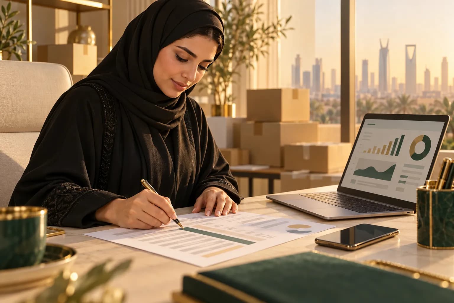 A Saudi store owner at a desk reviewing a printed monthly payment statement with a pen, a laptop and a phone beside her