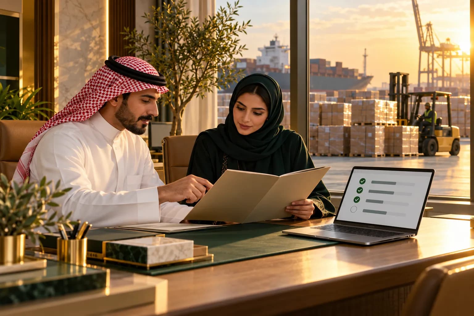 Customs broker and importer reviewing a shipment document folder and a laptop beside palletised cartons at a Saudi port warehouse