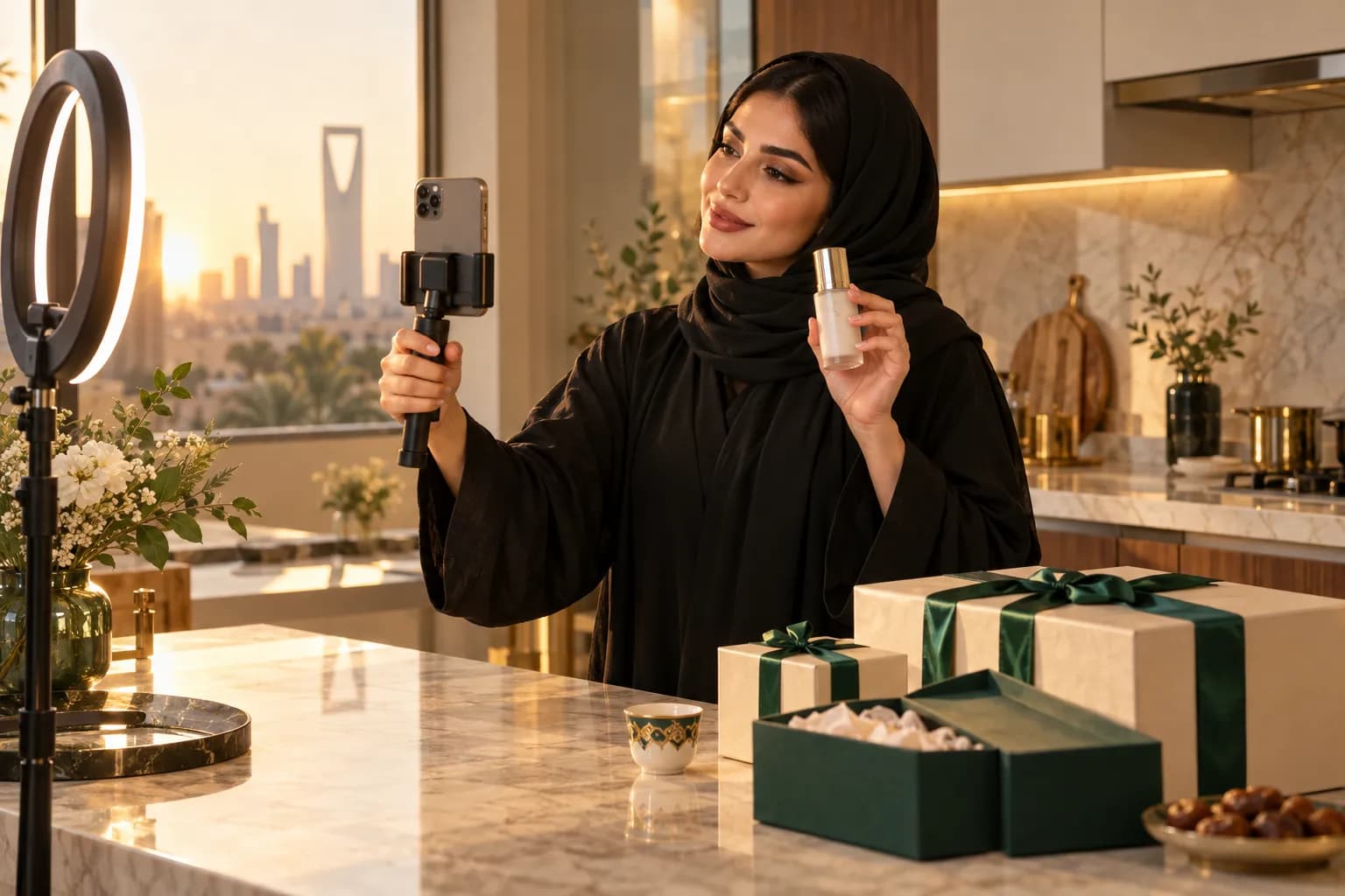 A Saudi woman creator in a modest abaya filming a vertical phone story of a skincare product at a kitchen counter in a Riyadh home, with a ring light and gift boxes beside her