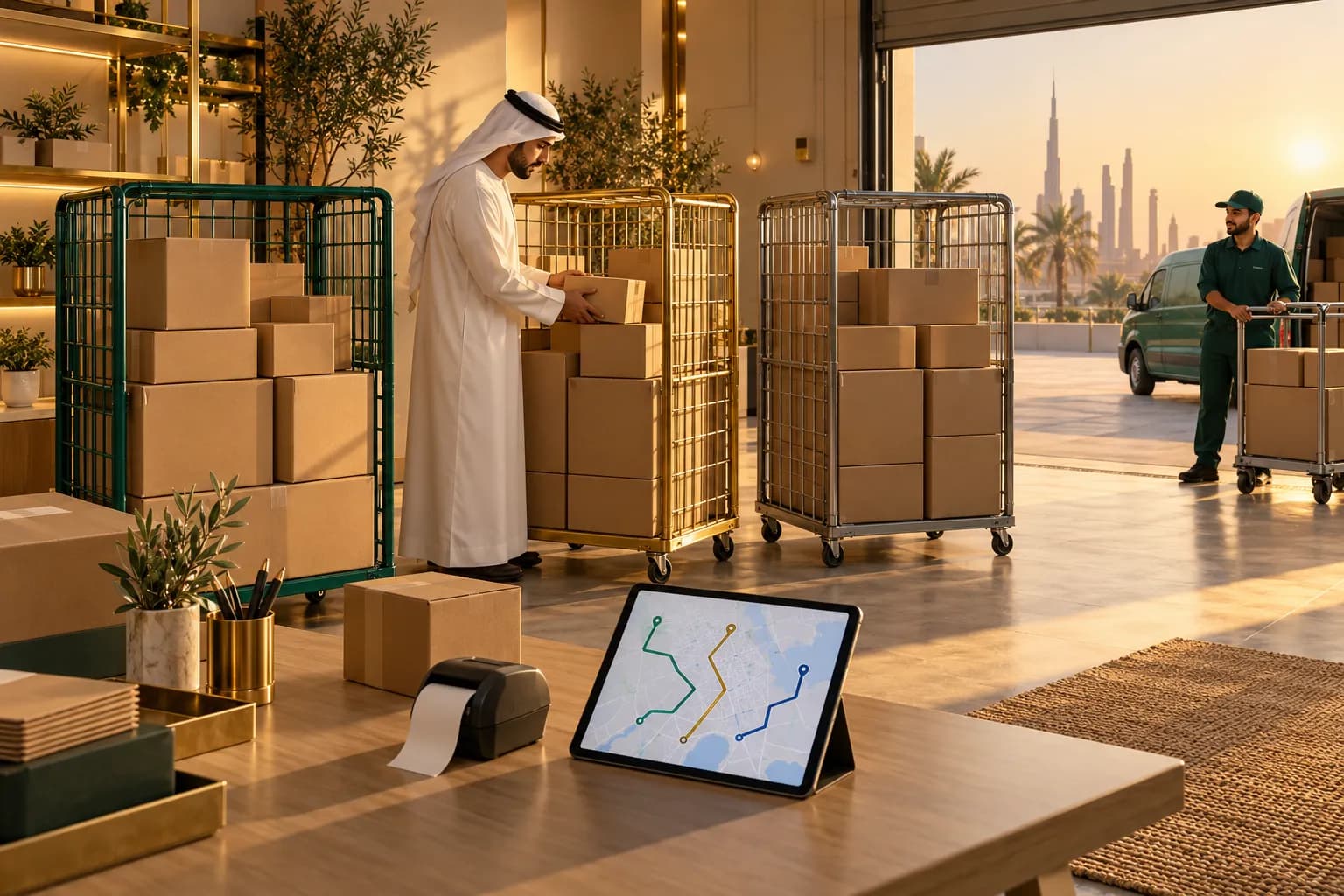 A store owner in a small Dubai fulfilment room sorting parcels into three roller cages for different couriers while a courier waits at the door