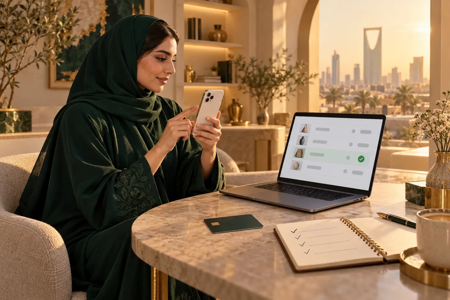 A Saudi store owner in Riyadh placing a test order on an iPhone while checking the order in a laptop dashboard