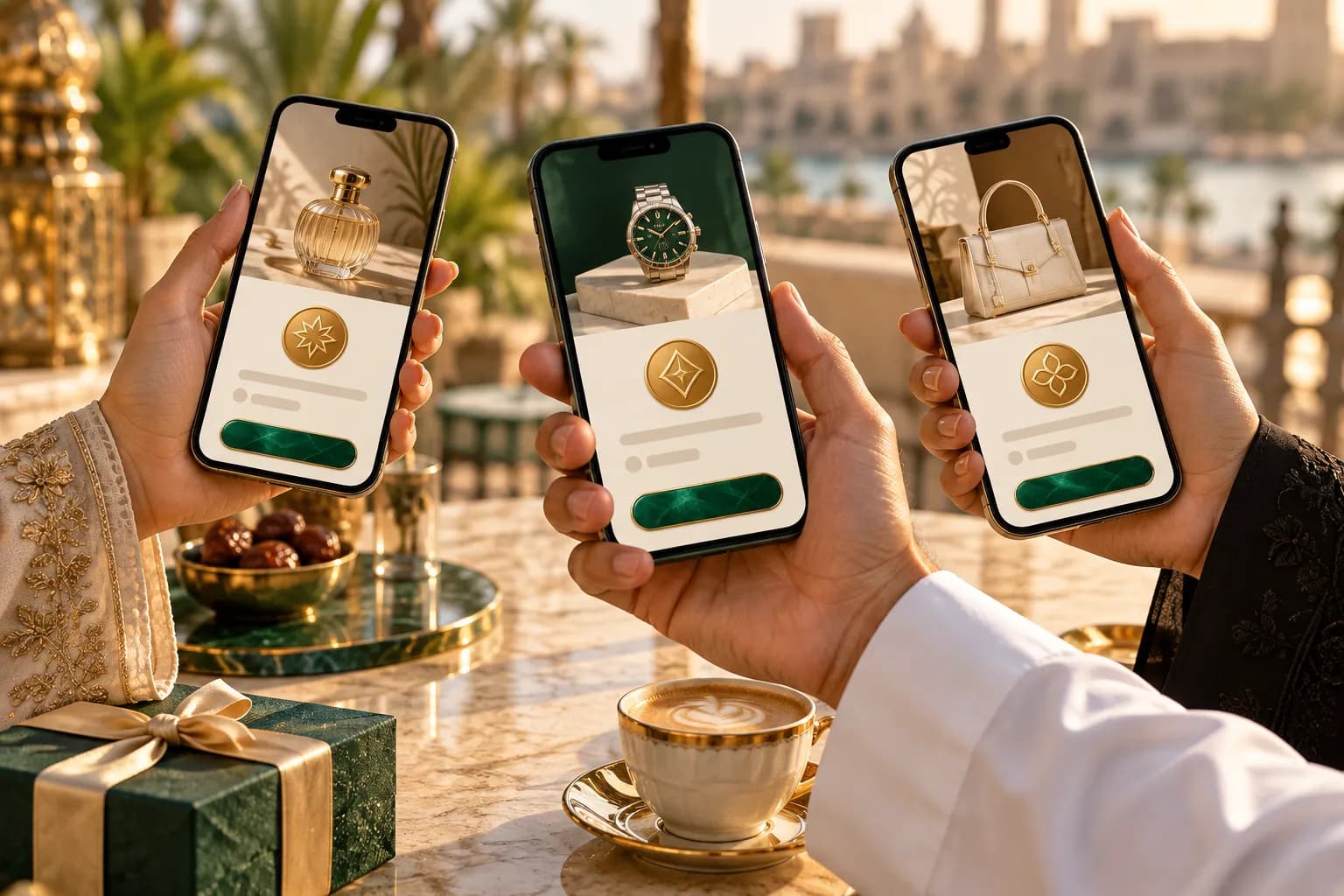 Three Gulf shoppers paying on phones that show prices in different local currencies