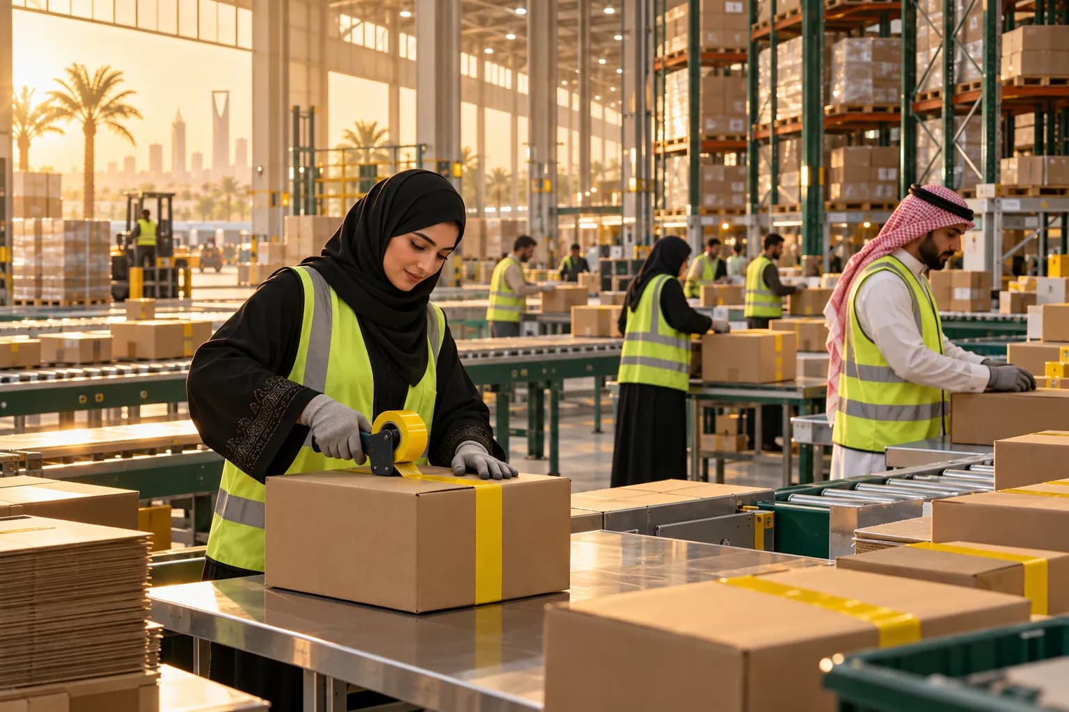 Workers packing yellow-taped parcels in a large Riyadh fulfilment warehouse at golden hour