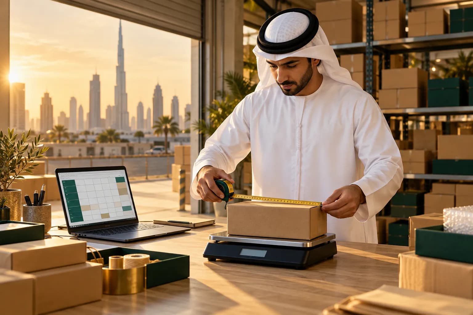 A young seller in a white thobe weighing a small boxed product on a digital scale at a packing table, with a laptop beside him