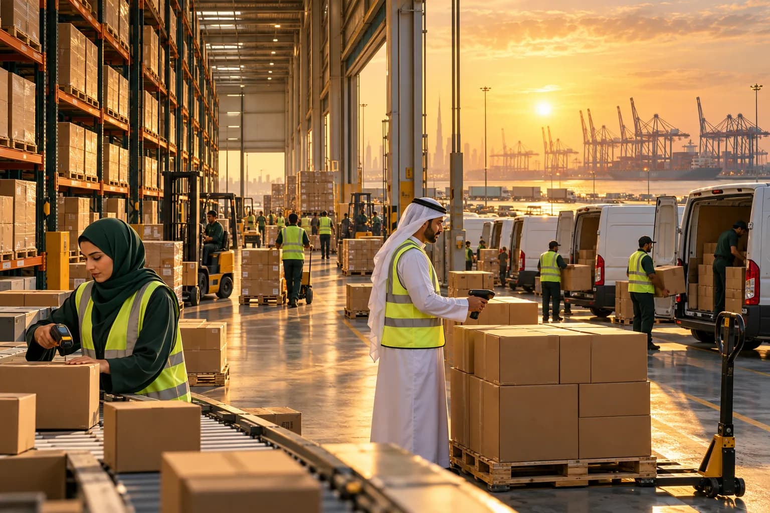 A fulfilment warehouse near Dubai at golden hour, with workers loading parcels into delivery vans