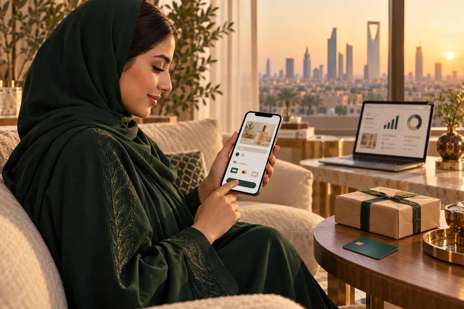 A Saudi shopper paying on her phone through an Arabic store checkout, with a courier parcel beside her