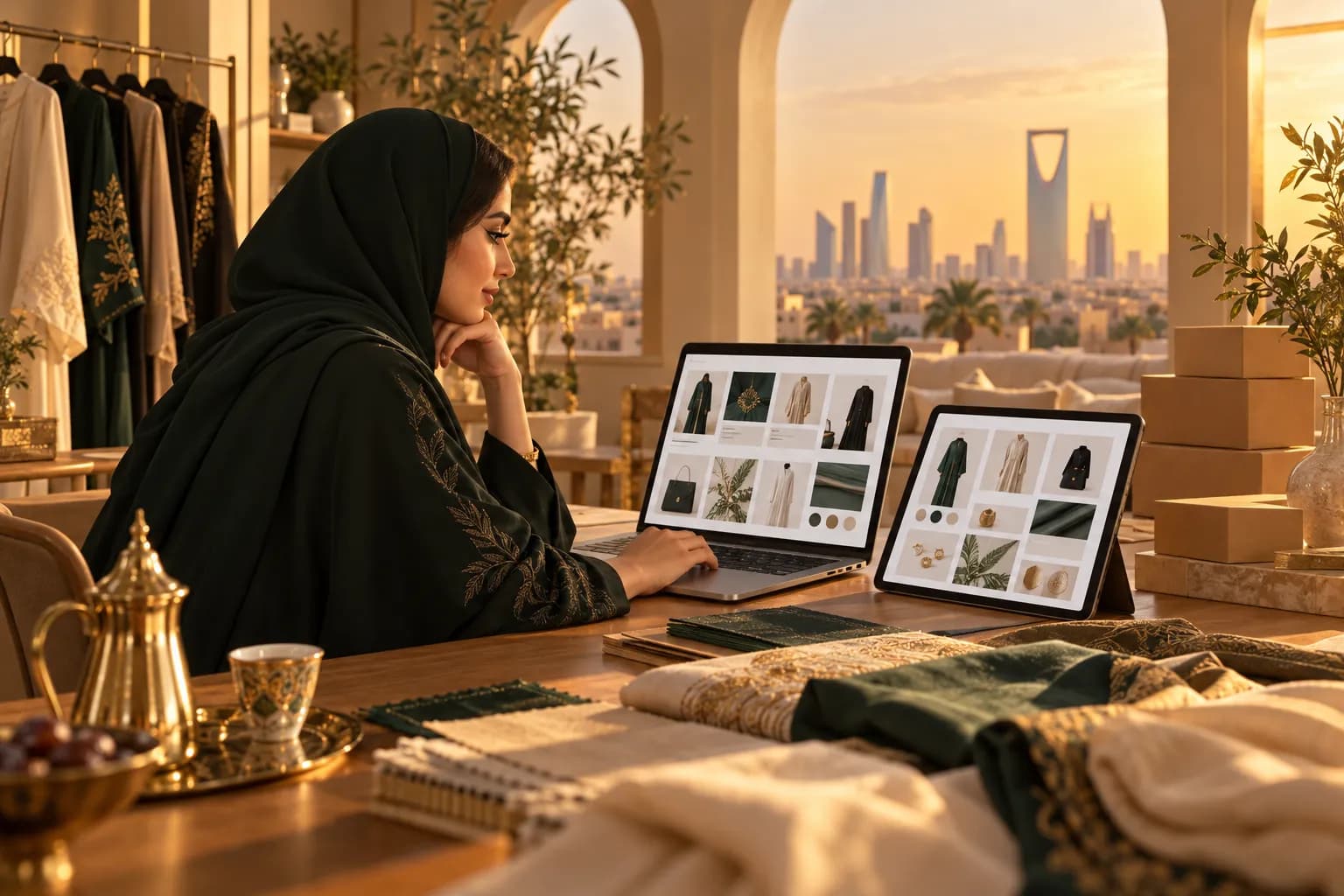 A young Saudi founder at a home studio desk comparing two online store dashboards on a laptop and a tablet, with folded fashion samples beside her