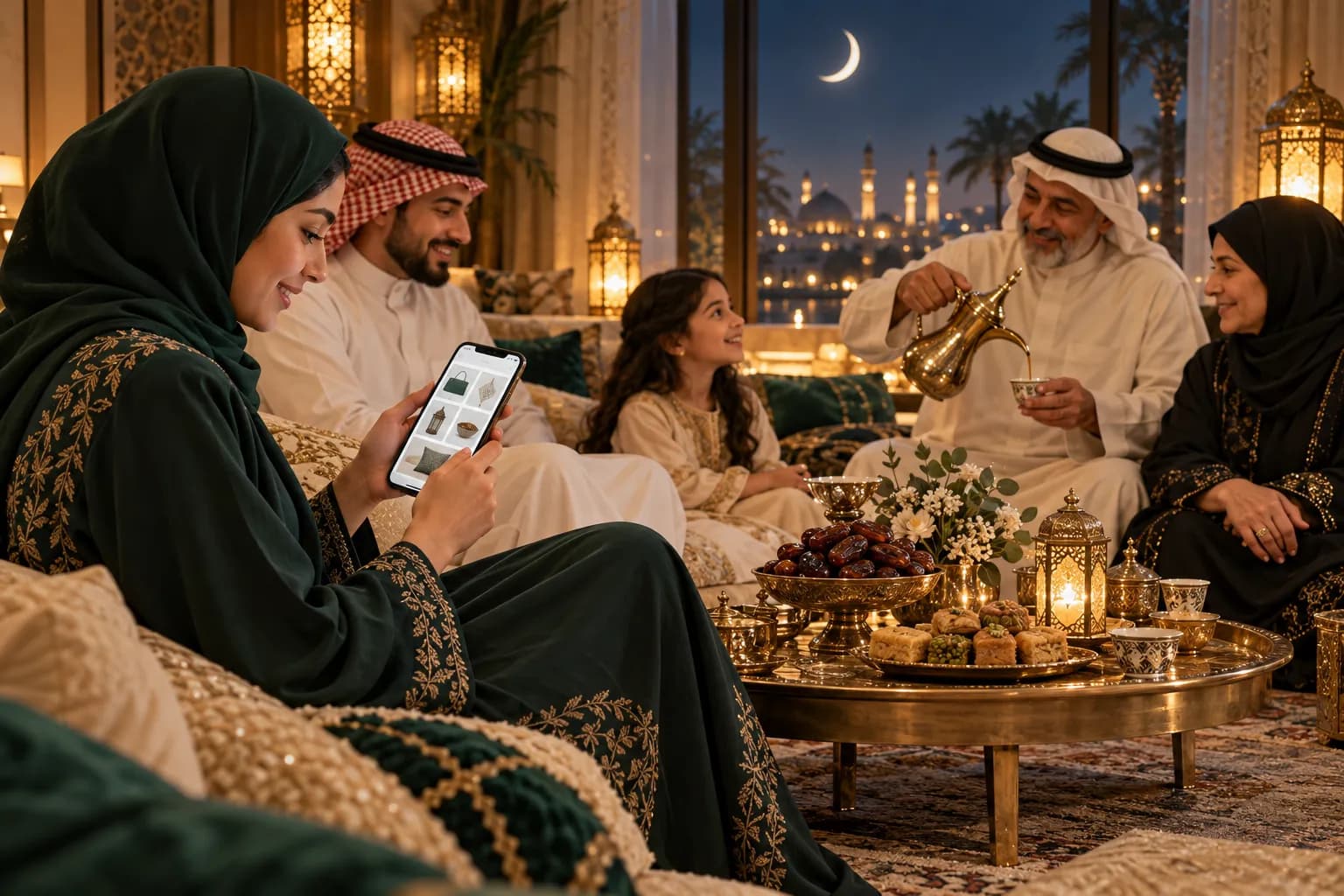 A Saudi family relaxing in a lantern-lit living room after iftar, with a young woman browsing an online store on her phone beside a tray of dates and Arabic coffee