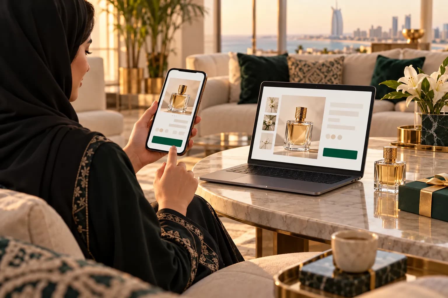 A Saudi shopper comparing two versions of an Arabic product page on a phone and a laptop