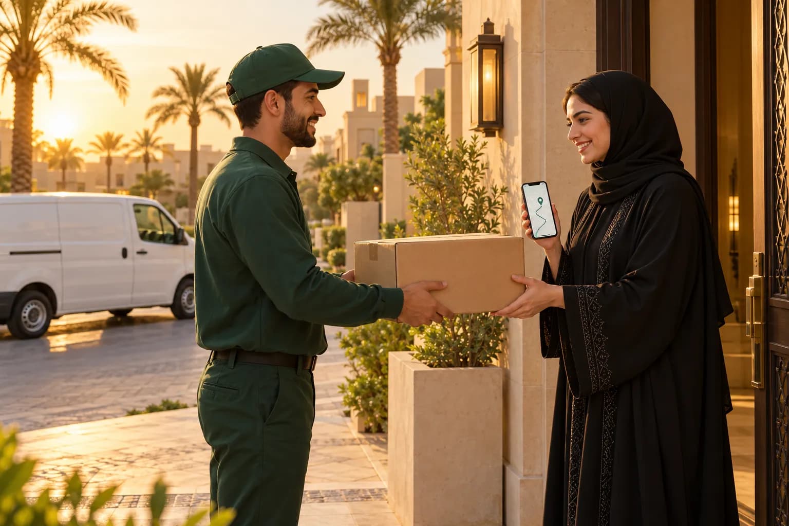 A Saudi courier handing a parcel to a smiling young woman at the door of a Riyadh villa, holding a phone showing a tracking screen