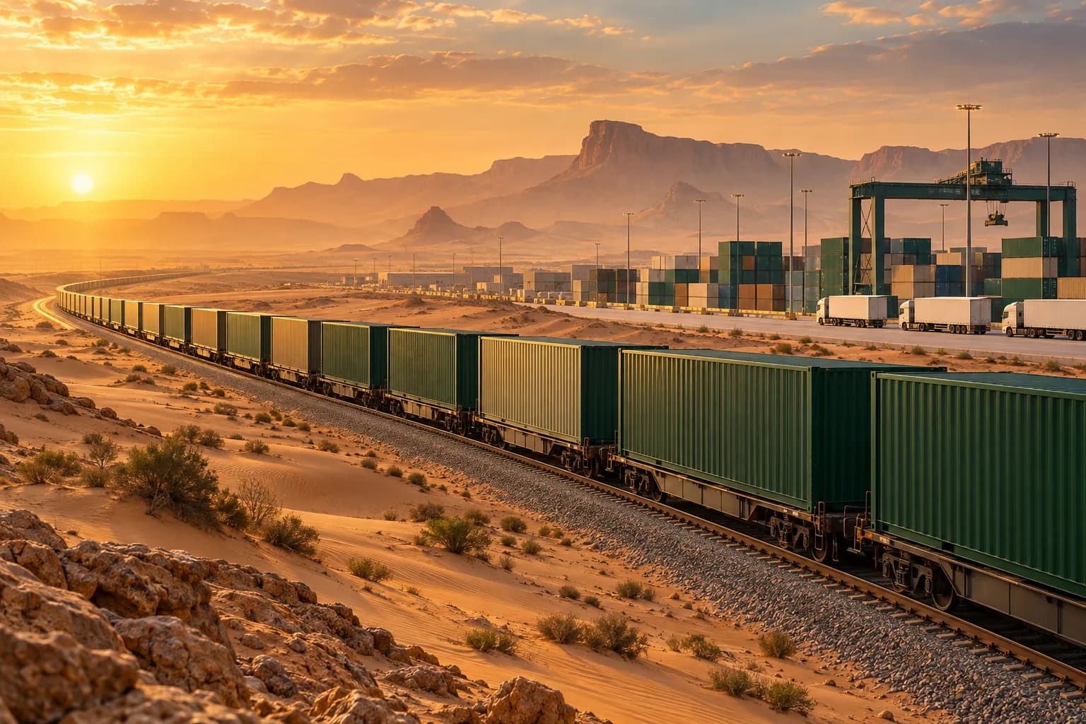 A freight train of shipping containers crossing the desert towards a dry port, with trucks waiting beside the rail yard