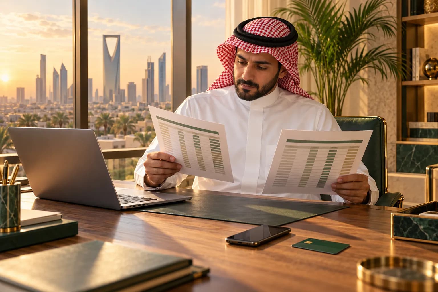 A Saudi shop owner at a desk in Riyadh comparing two printed rate sheets next to a laptop and a phone