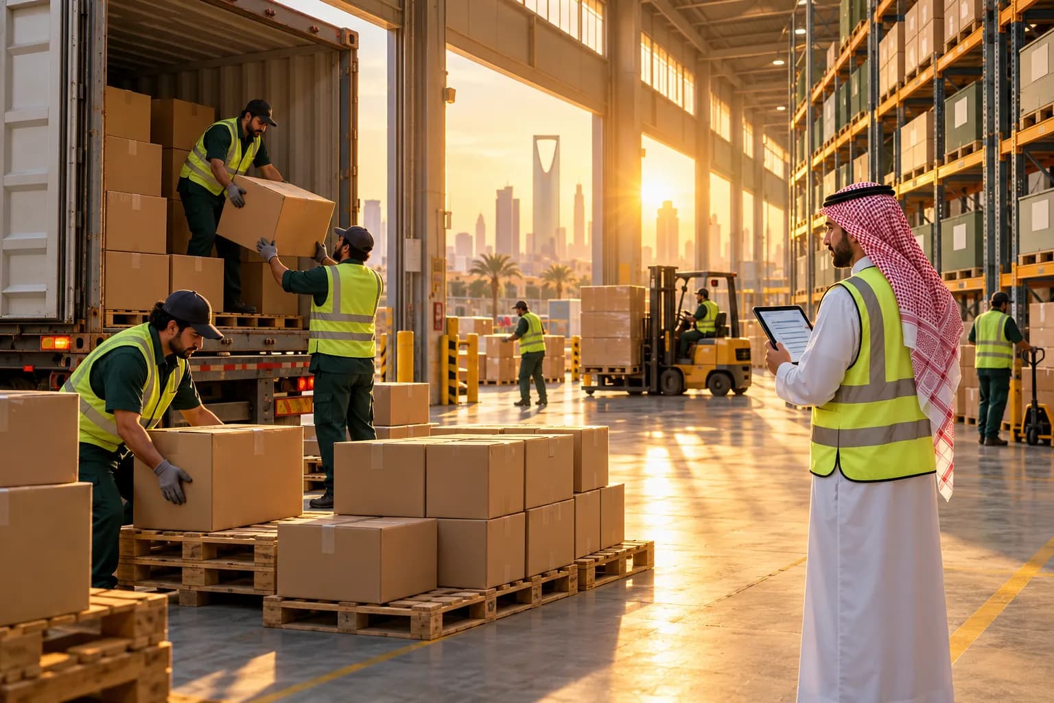 Cartons from a shipping container being checked into a Riyadh fulfilment warehouse