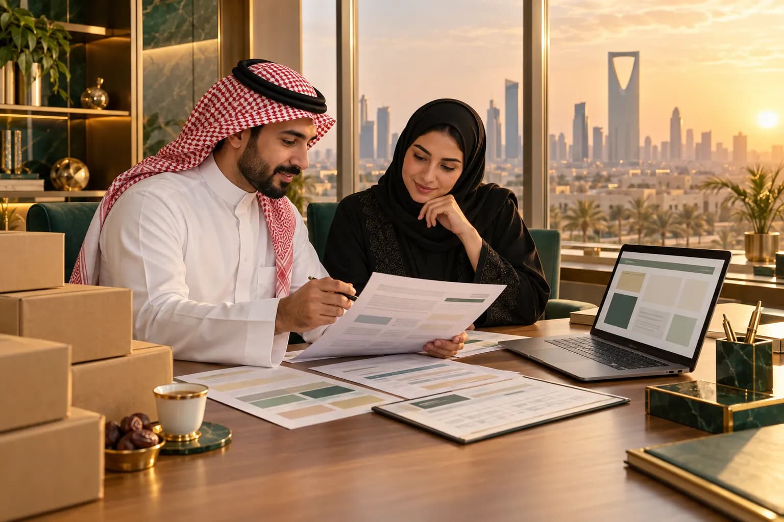 A Saudi tax advisor and a store owner in a Riyadh office checking invoices and a customs declaration against an abstract tax portal screen on a laptop