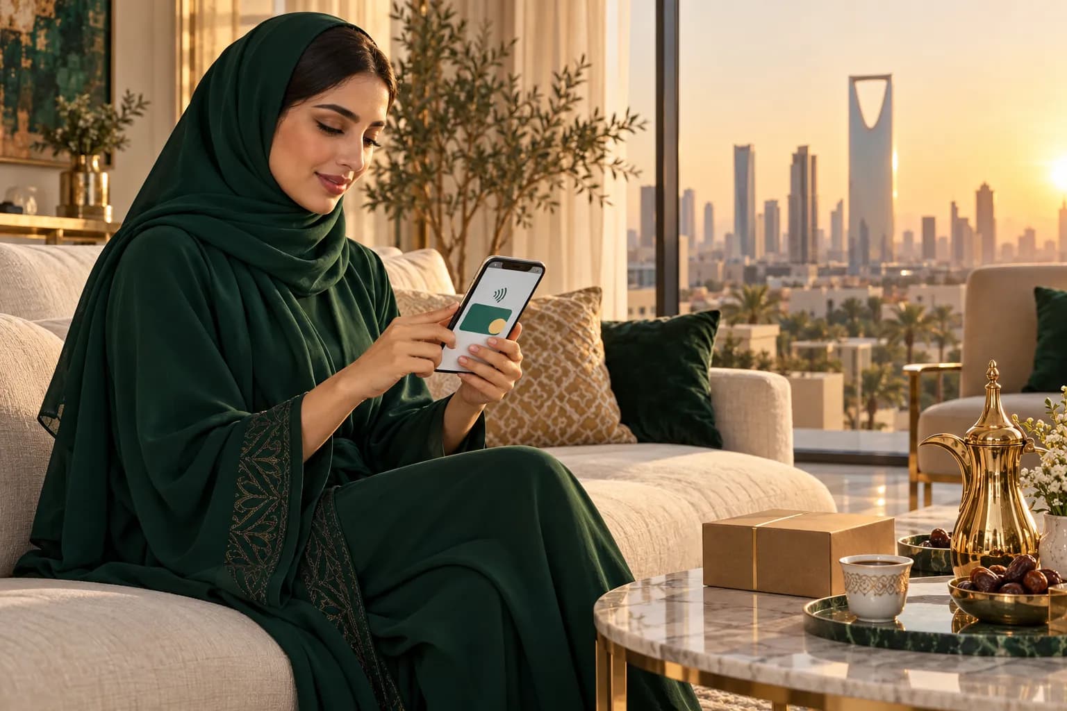 A young Saudi shopper paying for an online order with a phone wallet at home in Riyadh