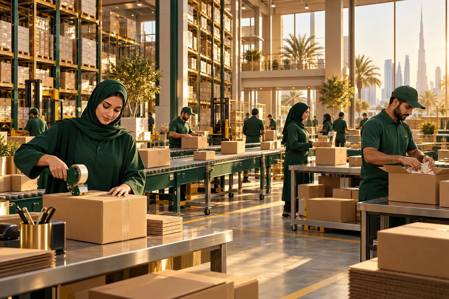 Workers packing ecommerce orders in a bright Gulf fulfilment warehouse with parcels on conveyor belts