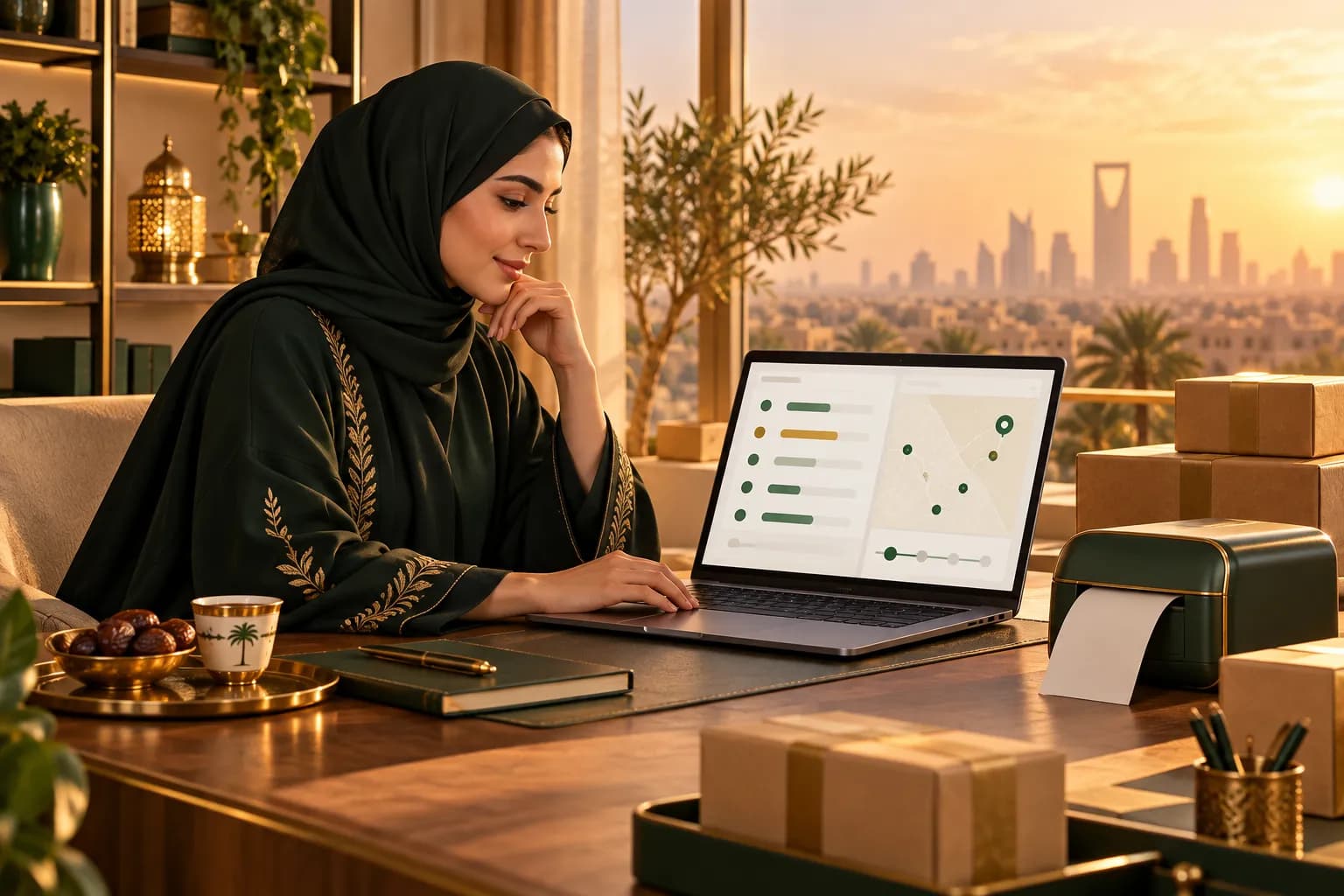 A Saudi store owner at a desk comparing courier rates and parcel tracking on a laptop dashboard, with labelled parcels and a label printer beside her