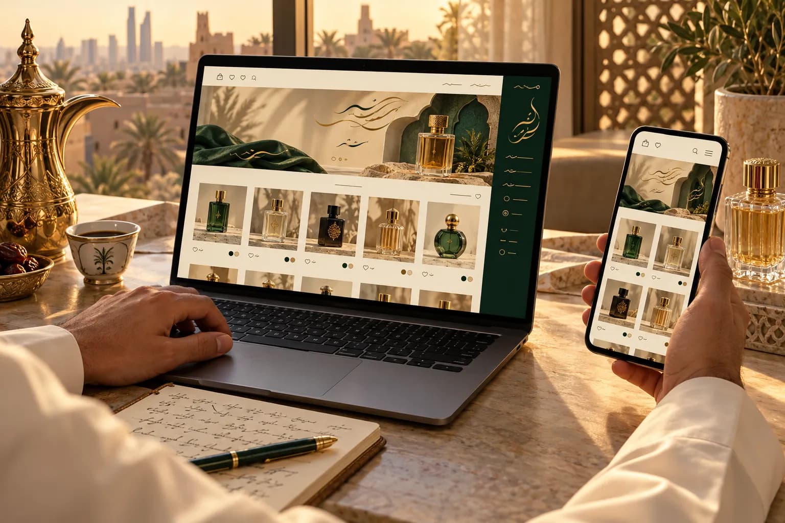 A Saudi store owner reviewing an Arabic perfume collection page on a laptop and phone side by side