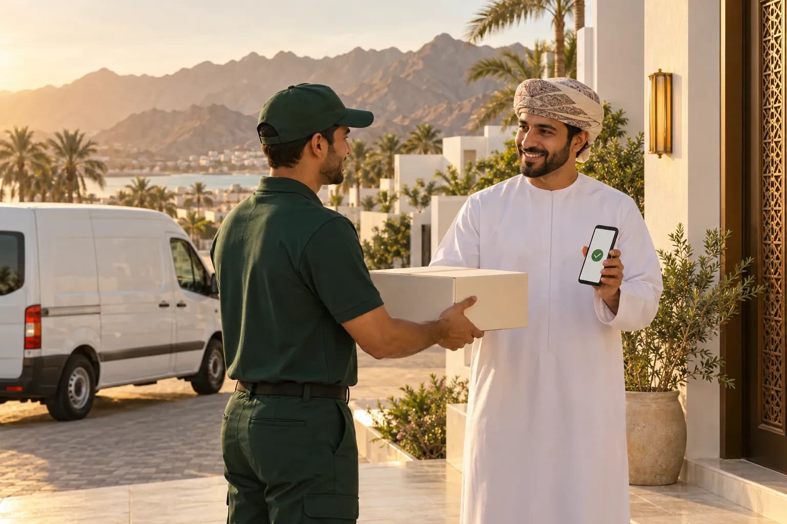 A courier handing a cream parcel to a smiling Omani man in a white dishdasha outside a modern villa in Muscat with the Hajar mountains behind