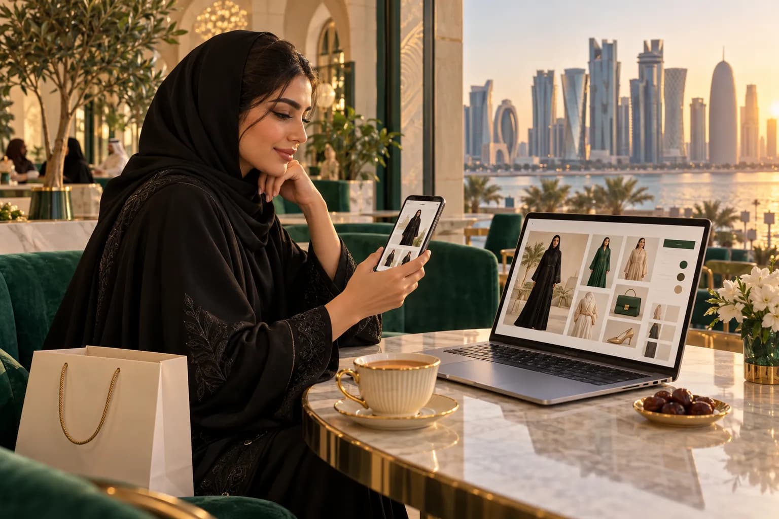 A young Qatari woman in an abaya browsing a bilingual fashion store on her phone in a bright Doha café, with a laptop showing the same store in Arabic