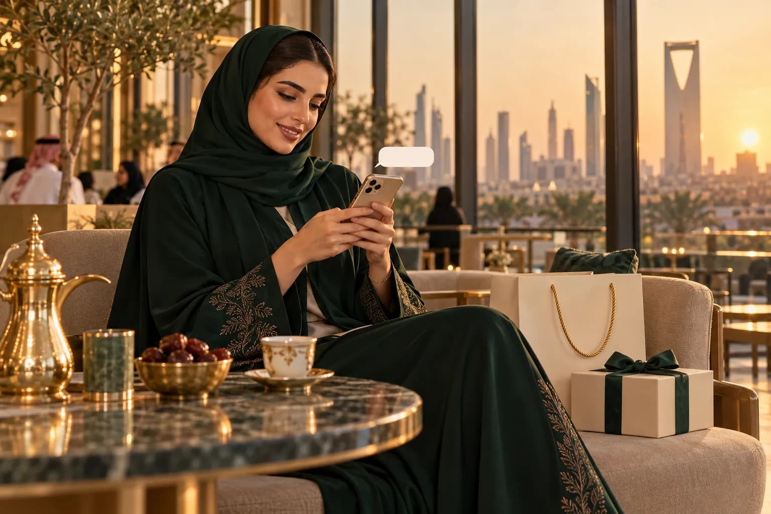 A Saudi shopper in a Riyadh café reading a short promotional text message on her phone