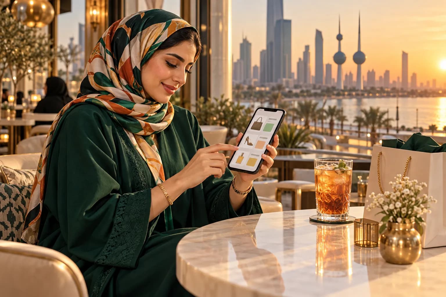 A Kuwaiti shopper comparing prices on her phone in a bright Kuwait City cafe
