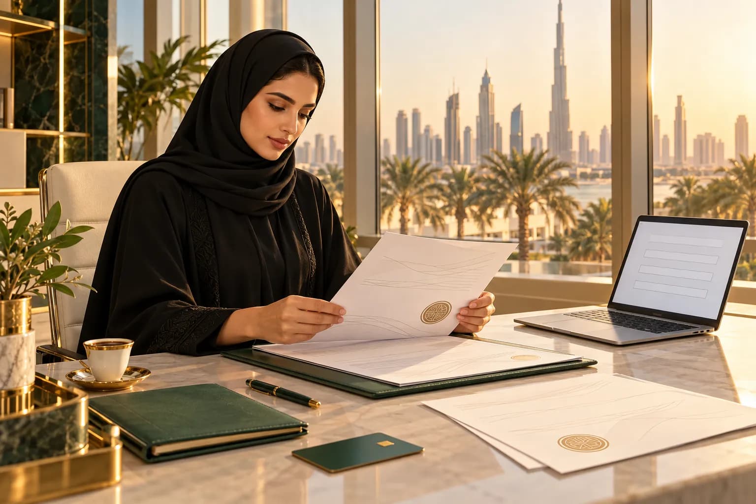 A businesswoman in a modest abaya reviewing company registration papers and a laptop at a desk in a bright Dubai free-zone office