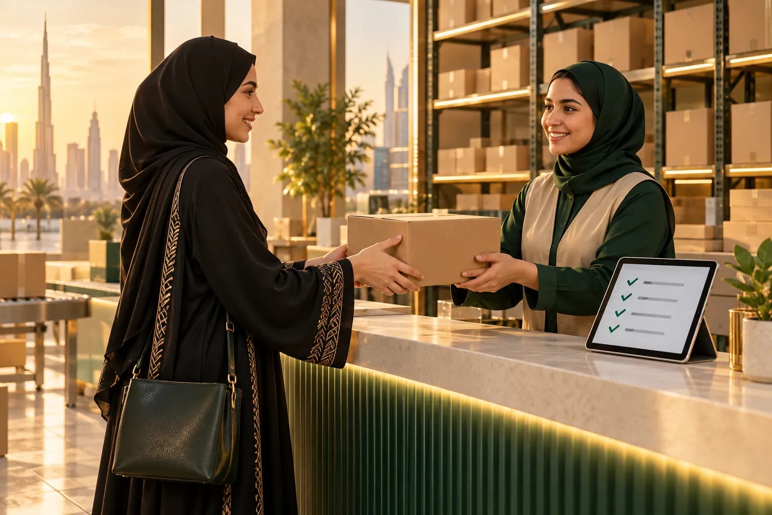 A young Emirati woman hands a returned parcel to a smiling customer service worker at a bright Dubai returns counter