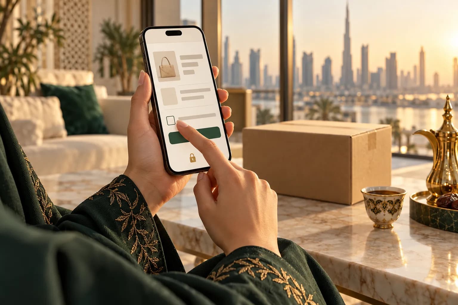 A shopper in Dubai ticking an unticked marketing consent box on a phone checkout page