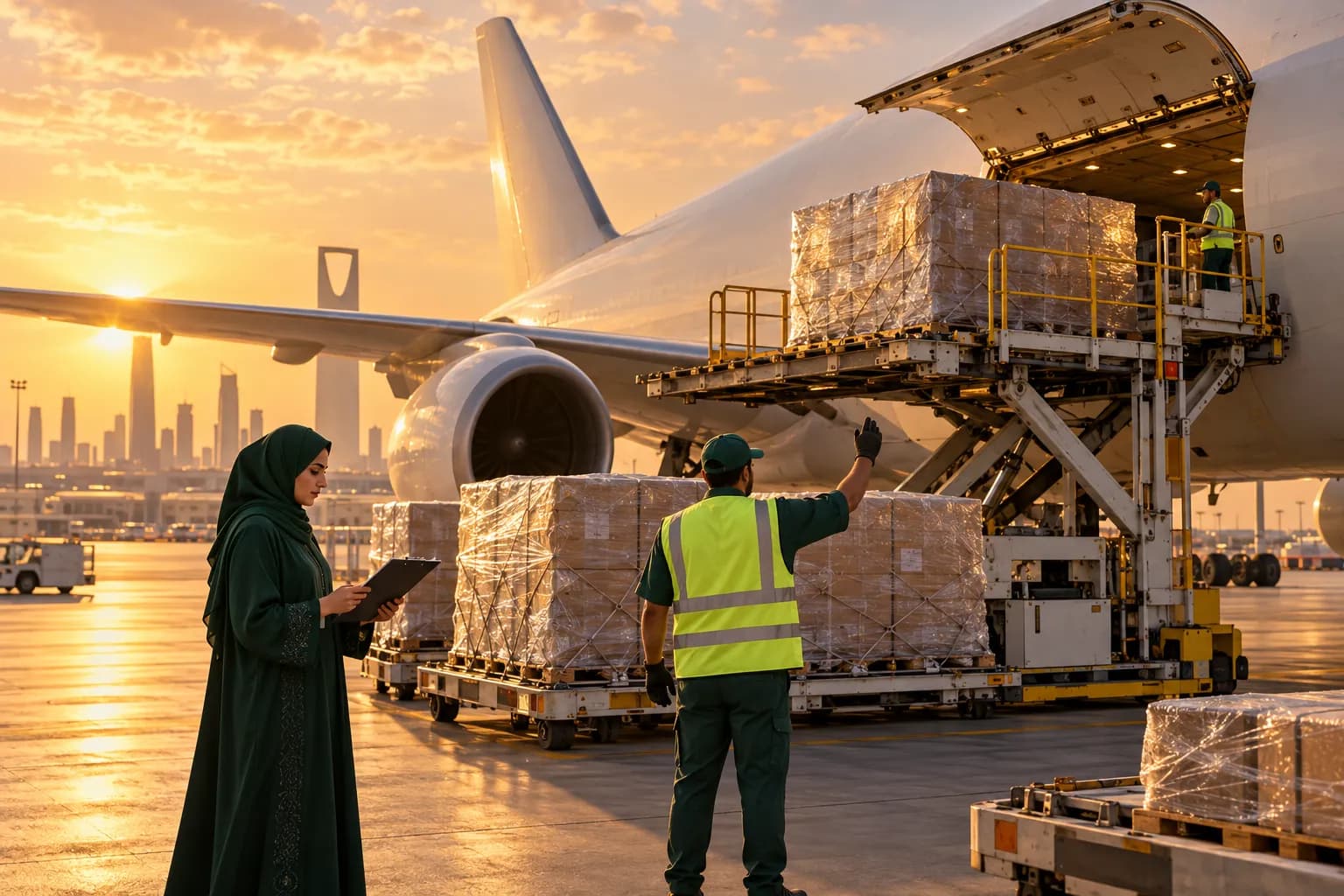 Air cargo pallets being unloaded from a freighter at a Riyadh airport while a customs broker checks documents